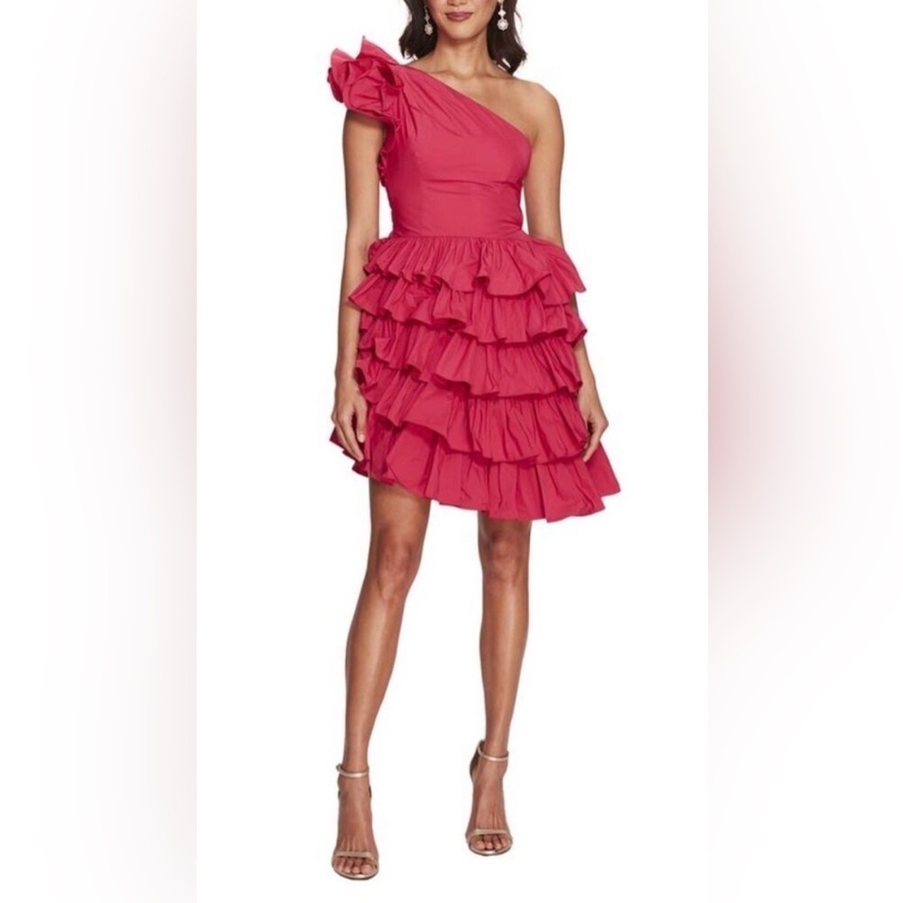 NWT Marchesa Notte Taffeta Tiered One-Shoulder Pink Mini Dress Size 2